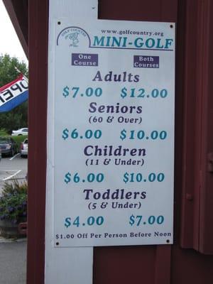 Mini Golf Prices 8/2010