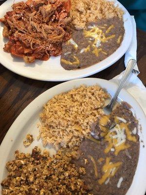 Breakfast: Juevos con chorizo and Chilaquiles with red salsa