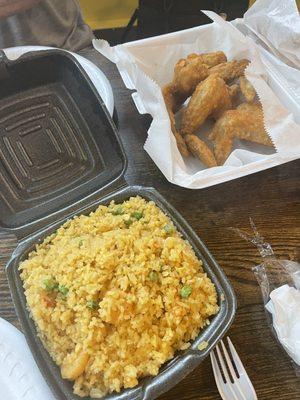 Shrimp fried rice and wings