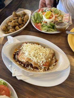 Moussaka fried okra, Greek salad