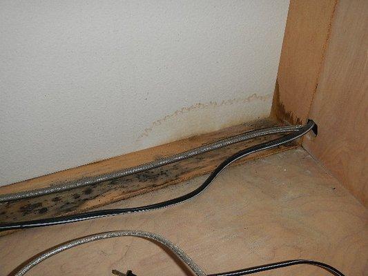 Water dripped down water line and caused moisture damage and mold to the cabinet and wall in a bonus room.