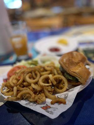 Burger and curly fries.