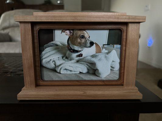 And the beautiful light Cherry Wood Urn with a picture of our boy on his favorite blanket.