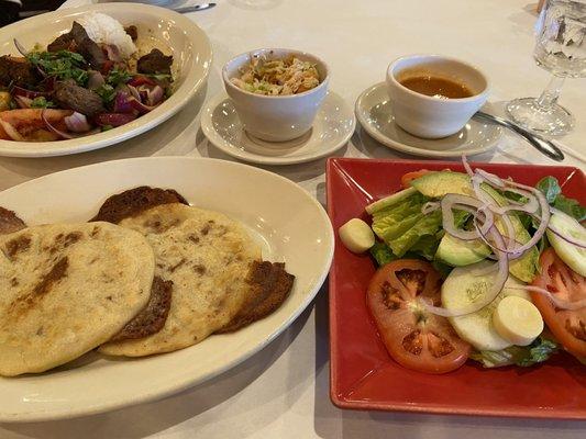 Pupusas, chips, salsa, side salad.