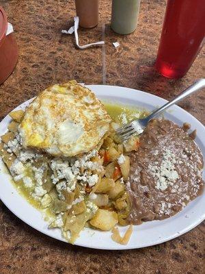 Chilaquilles verdes with potatoes & beans