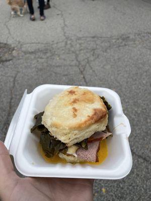 Green Eggs and Ham brekkie biscuit. The collard greens make the whole thing a little wetter than I would prefer, but still very good.