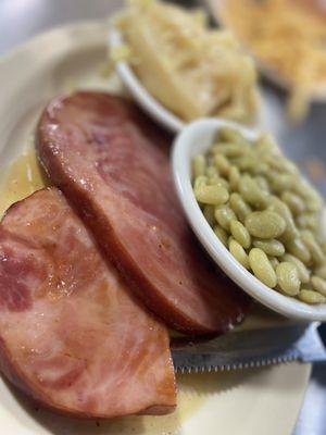 Honey Glazed Ham with Lima beans and cabbage