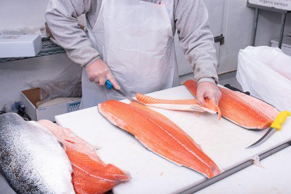 Preparing some beautiful fresh salmon for the next order!