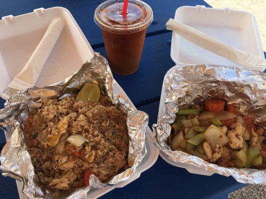 Cashew chicken and Thai fried rice with chicken. And of course Thai Tea. $26