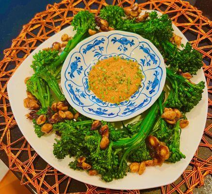 Sprouts long stem broccoli with brown sugar soy peanuts and gochujang peanut dressing