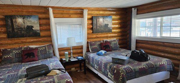 The cabin was rustic looking very fitting fir this area. Was very cozy- storm came up outside and we never heard it.