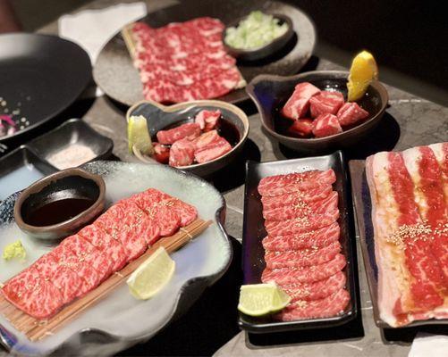 wagyu short rib (the best), wagyu zabuton, wagyu beef cube, angus short rib, angus flat plate, angus beef cube