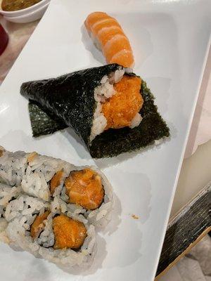 Spicy salmon, spicy salmon hand roll, salmon nigiri