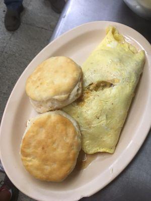 Western omelette with homemade biscuits