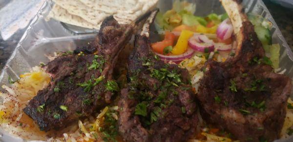 Lamb Chops, Yellow Rice and Greek Salad