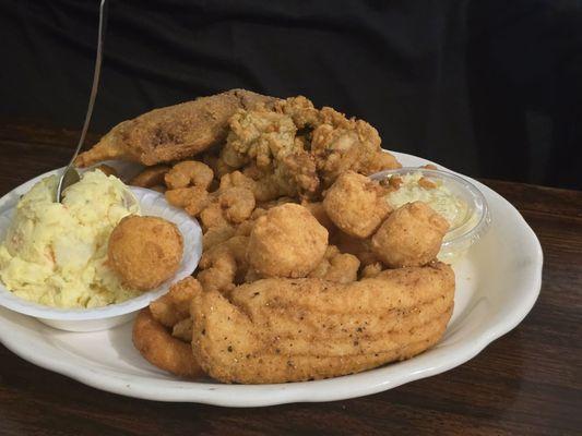 Captain's Platter w/cole slaw, green beans (not pictured), potato salad, and hush puppies