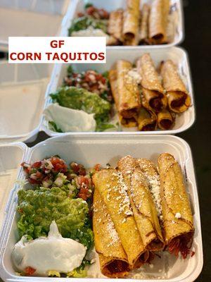 Gluten Free Corn tortilla Taquitos! Your choice of chicken or shredded beef. Order comes with sour cream, guacamole, pico de gallo & cheese!