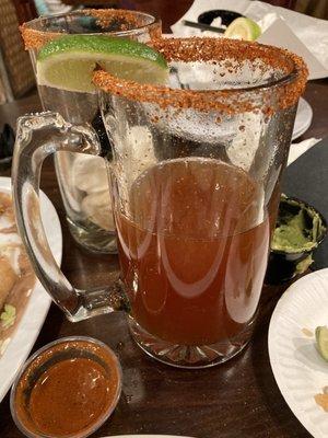 A sip taken from my skimpy Michelada with no ice !!