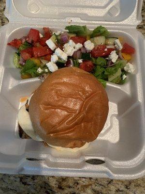 Grilled Chicken sandwich and Greek salad.