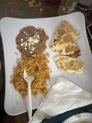 Kids quesadilla with rice and beans