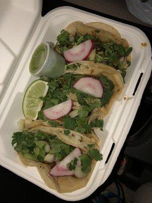 2 lengua tacos and 2 carne asada tacos