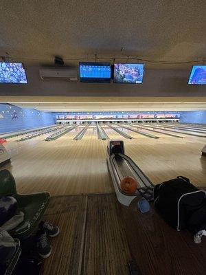 Bowling area. 16 lanes. 8 pairs.