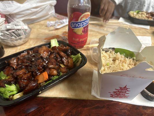 Bourbon chicken (left) & vegetable fried (right)