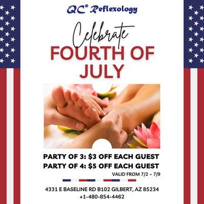 Celebrate the 4th of July with us at QC Reflexology! 
 Book your appointment today and take advantage of this special promotion!