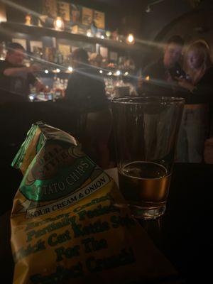 Sour cream and onion chips and a beer