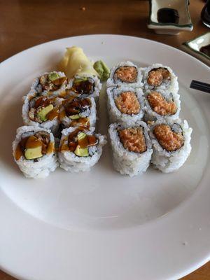 Eel Avocado and Spicy Tuna rolls