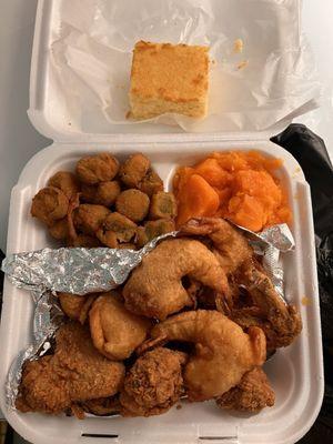 Top to Bottom: Cornbread, Fried Okra, Candied Yams, Fried Shrimp, Fried Chicken