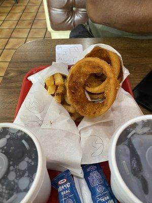 Onion rings, fries, burgers