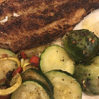 Catfish, veggies and Brussel sprouts. Stopped here on the way to see bluebonnets and the food was good.