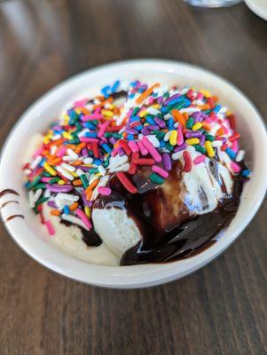 Ice cream and hot fudge with my sprinkles from the dessert station. Sunday Brunch at Emerywood. January 14, 2024.