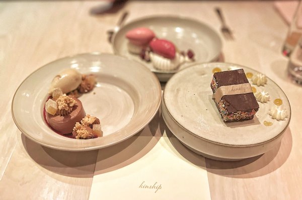 Kinship Mochaccino, Cranberry concord vacherin, and a complimentary birthday ice cream bar (Left to top and right)