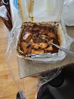 Fish with Bean curd in Garlic Sauce (partially eaten dish)