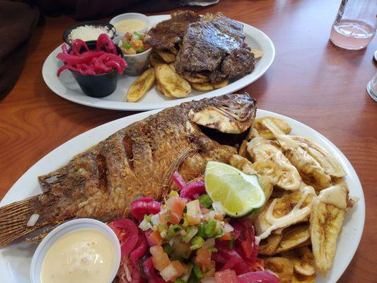 Flank steak with plantains, fried fish with plantains