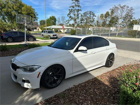 BMW 340i with 70% ceramic tint on the windshield, 15% carbon tint on the sides, and 5% on the rear.