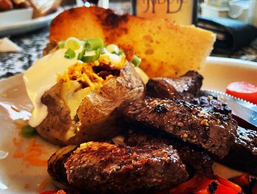 Beef Kabob, Loaded Baked Potato and Wine! Is there anything better?