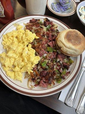 Corned Beef Hash w scrambled eggs and English muffin