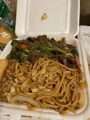 Beef and Broccoli with Chow Mein, Fried Rice & spring roll.