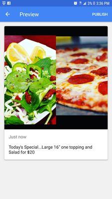 Today's Special... a Large 16" one topping and Salad for $20