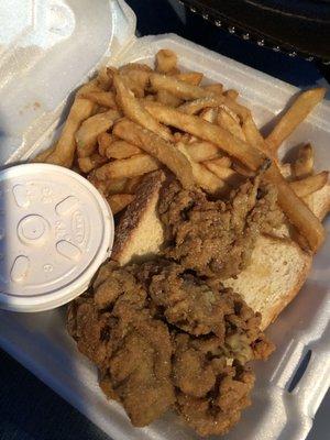 Fried oysters, white bread, french fries, mac and cheese