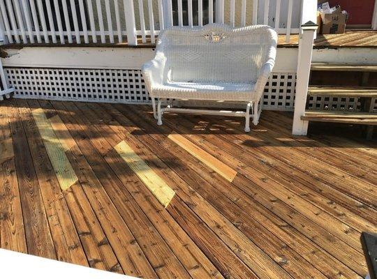 Rotten wood was replaced and deck was power washed in Chicago .Next we confirmed the tone and stained it