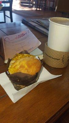 Peach cobbler muffin and coffee/chai.