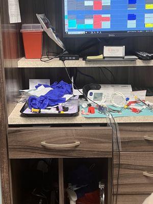 Cross contamination. Using their computer desk as a medical tray. Those are my blood soaks cottons balls rubbing on the same cords your is..