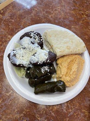 Appetizer Combo with Hommos, Grape Leaves, and Falafel