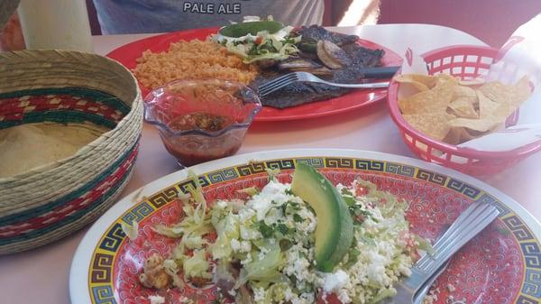 Carne asada plate and a chicken sopes. Yum