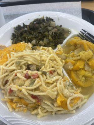 Chicken Spaghetti, Turnip Greens, Squash and Onions