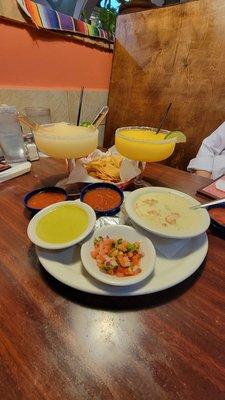 Cheese Dip with Shrimp Chips and Salsa Texan Margaritas